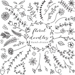 Elementos florais floral desenhado à mão decoração clipart floral clip art rabiscos flores casamento clipart esboço linhas lineart blacklines folhas