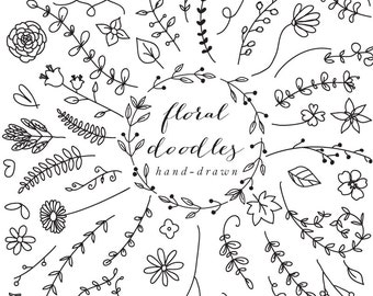 Floral elements floral hand drawn decoration clipart floral clip art doodles flowers wedding clipart sketch lines lineart blacklines leaves