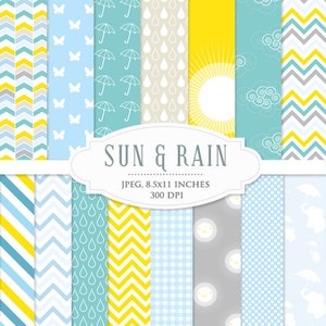 Gele en blauwe digitale papieren - regen april douches weer chevron grillige stippen scrapbooking, digitale kaarten, nodigt commercieel gebruik