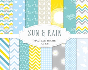 Yellow and blue digital papers - rain April showers weather chevron whimsical polka dots scrapbooking, digital cards, invites commercial use