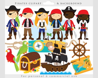 Pirate clipart - pirates clip art, eyepatch, booty, ship, treasure chest, map, parrot, cute, background, for personal and commercial use