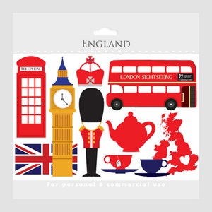 Op de afbeelding: Een set kleurrijke illustraties die iconische symbolen van Engeland afbeelden, waaronder een rode dubbeldekkerbus met de tekst "London Sightseeing", een rode telefooncel, Big Ben, een rode kroon, een rode theepot, een rode theekop, een blauwe theekop, een kaart van Engeland en een Union Jack-vlag.