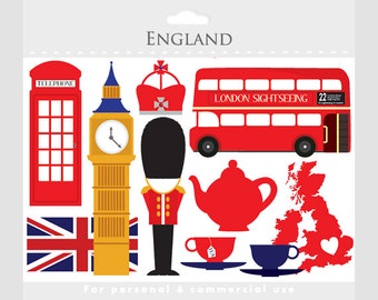 London clipart - England, UK, clip art, travel clipart, tea, bus, double decker, flag, crown, clock tower, telephone booth, teacups