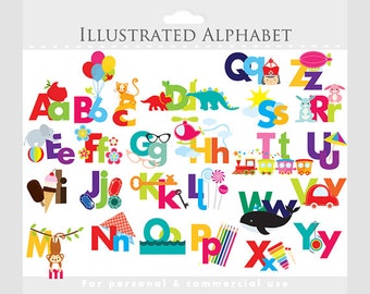 Alphabet clipart - illustrated alphabet, teaching clip art, for teachers, letters, ABCs, pictures, for personal and commercial use