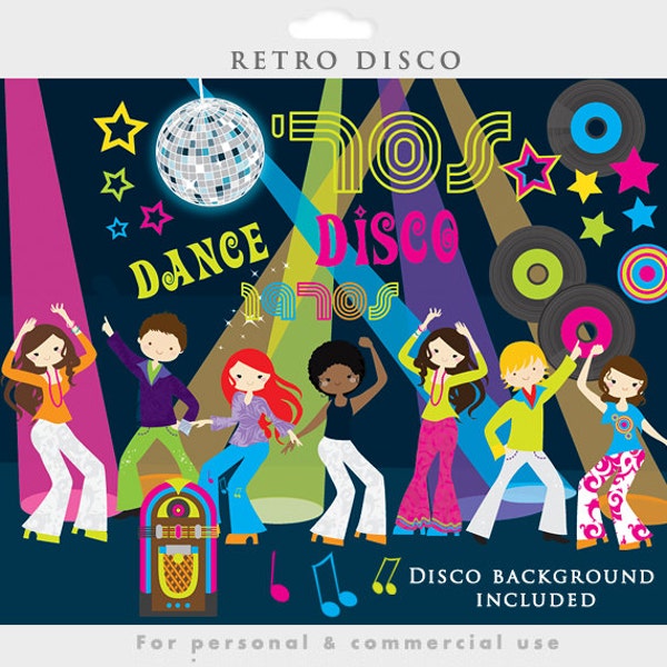 Disco clipart - retro clip art, dancing vintage jukebox albums music stars 1970s 70s scrapbooking clipart personal and commercial use