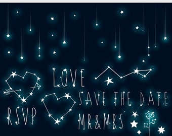 Stars clipart - wedding clip art constellation shooting stars starry sky star romantic love save the date RSVP galaxy personal commercial