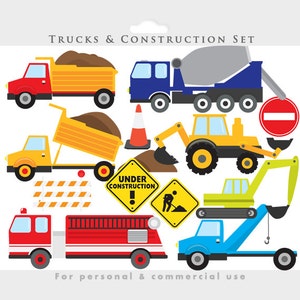 May include: A set of construction and truck clip art illustrations. The set includes a red dump truck, a blue cement mixer, a yellow dump truck, a yellow tractor, a yellow excavator, a green bulldozer, a red fire truck, and a blue crane truck. The set also includes a traffic cone, a stop sign, a construction sign, and a road sign.