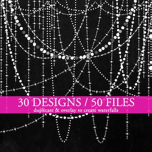 Puede incluir: Un diseño gráfico digital que presenta 30 diseños de cadenas de luces blancas y grises con estrellas brillantes sobre un fondo negro. El texto "30 DESIGNS / 50 FILES" y "duplicate & overlay to create waterfalls" se muestra en una pancarta rosa.