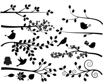 Branch silhouette clipart - tree clip art silouette whimsical, cute, branches, birds, bird, leaves, leaf, decorative personal commercial use