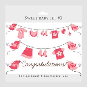 Clipart baby shower clip art baby girl pink pregnancy clip art nursery clipart sweet birds baby clothes clothesline congratulations digital