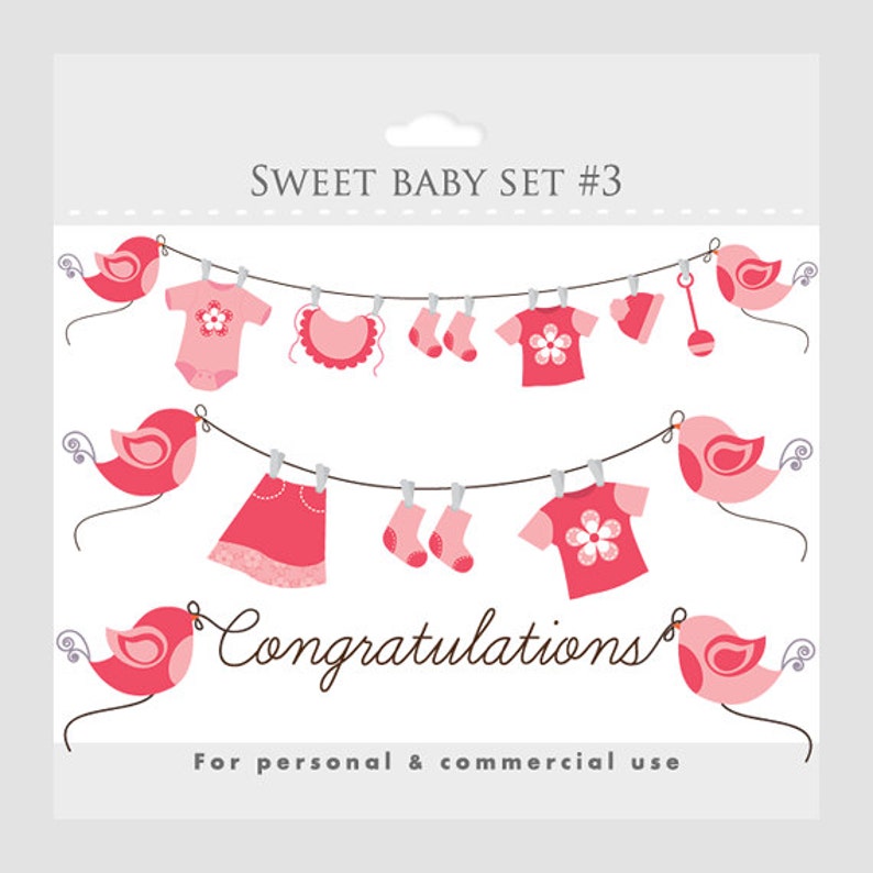 Clipart baby shower clip art baby girl pink pregnancy clip art nursery clipart sweet birds baby clothes clothesline congratulations digital image 1