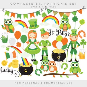 St Patrick&#39;s day clipart - St. Patty&#39;s clip art owls St Paddy St Paddy&#39;s holiday Irish leprechaun flag rainbows pot of gold clover lucky