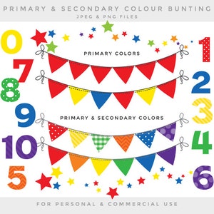 Bunting clip art números bunting banner banderas clipart para banderas de scrapbooking digital colores primarios colores rojo verde azul amarillo