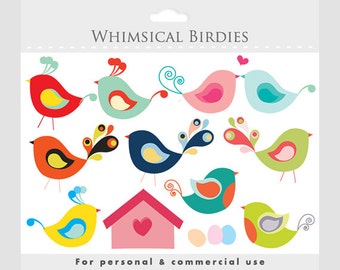 Bird clipart - whimsical cute birdies, birdhouse, eggs, sweet, birdy, romantic, for personal and commercial use