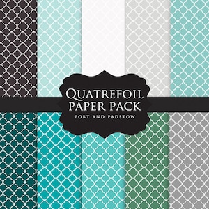 May include: A collection of patterned paper sheets in various colors, including teal, gray, and white. Each sheet features a quatrefoil design. The text "QUATREFOIL PAPER PACK" and "PORT AND PADSTOW" is displayed on a black label.