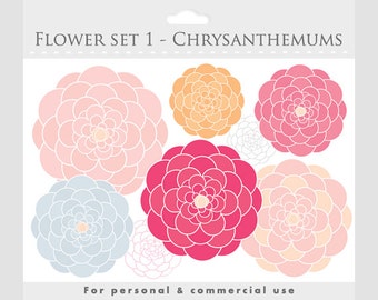 Flower clipart - blooms clipart, flowers, floral, floral clipart, pink, blue, yellow, for personal and commercial use