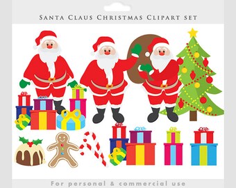 Santa clip art - Christmas clipart, Santa Claus, holiday, festive, pudding, gifts, presents, Christmas tree, gingerbread man, candy canes