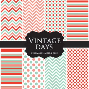 Plakboek papier digitaal - chevron papier, stippen, voor scrapbooking in persimmon, mint, roos voor persoonlijk en commercieel gebruik