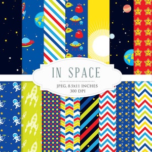 Space digital papers - astronaut paper set, UFOs, aliens, spaceships, rockets, planets, Earth, moon, for personal and commercial use
