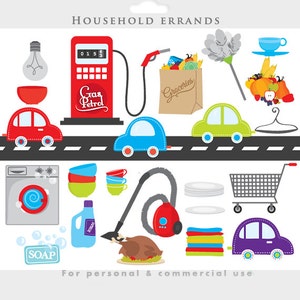 Clipart gospodarstwa domowego - prace domowe clipart droga samochody zakupy zakupy koszyk stacja benzynowa pralka ścierka do kurzu czyszczenie dom detergent żarówka