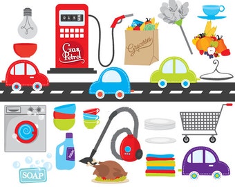 Household clipart - chores clip art road cars shopping groceries cart gas station washing machine duster cleaning house detergent bulb