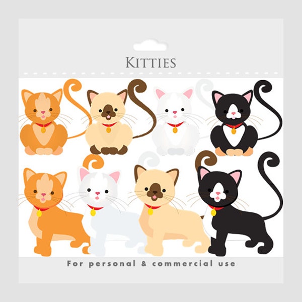 Cat clipart - kittens, kitties, kittycats, white, brown, siamese, black, whimsical, animal clipart, cute, for personal and commercial use