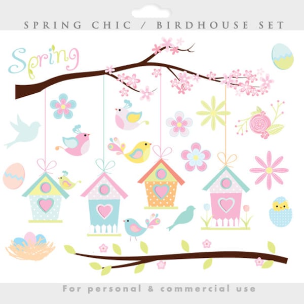 Spring clipart - bird birdhouse clip art, Easter birdies whimsical birdhouse egg  sweet tree branch pastel, for personal and commercial use