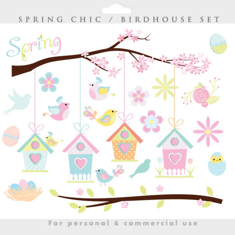 Spring clipart bird birdhouse clip art, Easter birdies whimsical birdhouse egg sweet tree branch pastel, for personal and commercial use image 1