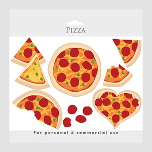 May include: A set of printable pizza stickers with different shapes and sizes. The stickers feature a pepperoni and cheese pizza design. The text "PIZZA" is at the top of the image. The text "For personal & commercial use" is at the bottom of the image.