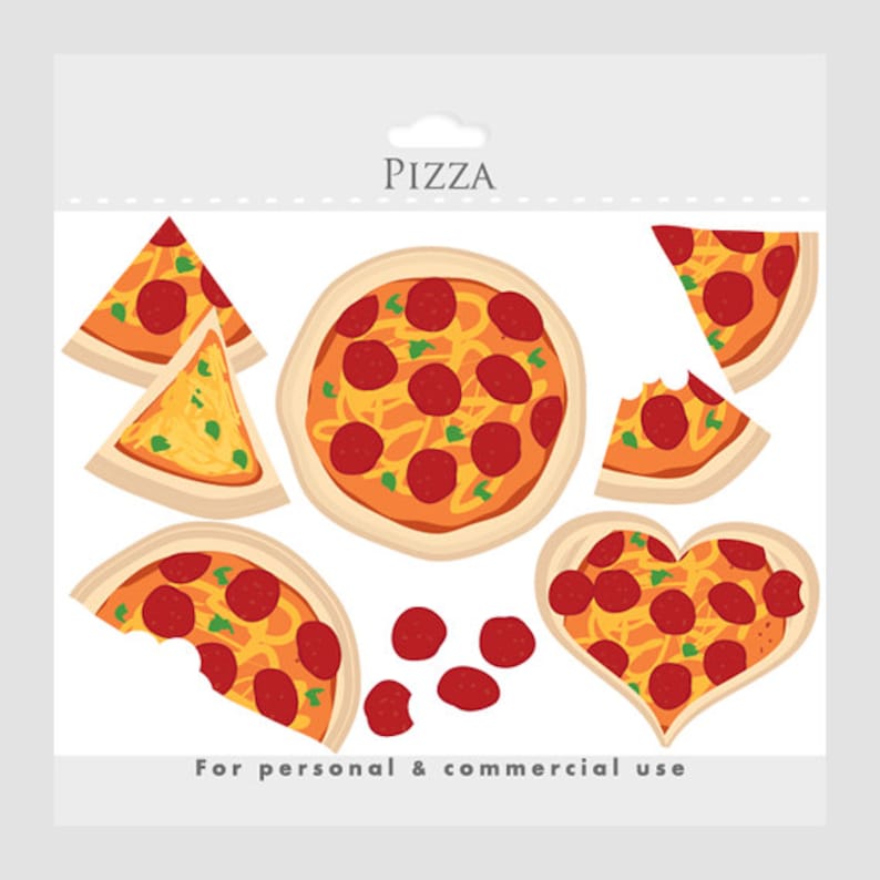 May include: A set of printable pizza stickers with different shapes and sizes. The stickers feature a pepperoni and cheese pizza design. The text "PIZZA" is at the top of the image. The text "For personal & commercial use" is at the bottom of the image.