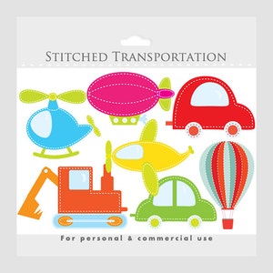 Transport Clipart, genäht farbige Stoffautos, Heißluftballon, Hubschrauber, LKW, Flugzeug, Blimp für den persönlichen und kommerziellen Gebrauch Bild 1