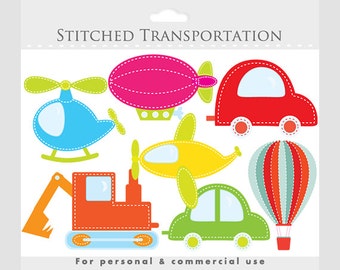 Transportation clipart, stitched - colored fabric cars, hot air balloon, helicopter, truck, plane, blimp for personal and commercial use