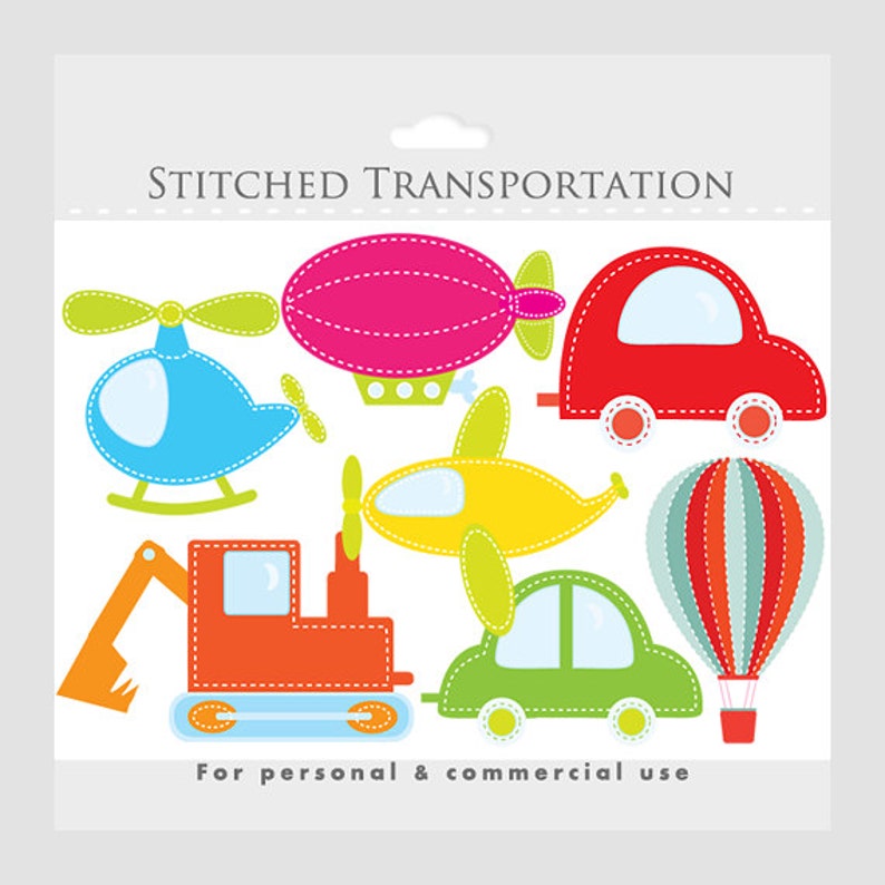 Transport Clipart, genäht farbige Stoffautos, Heißluftballon, Hubschrauber, LKW, Flugzeug, Blimp für den persönlichen und kommerziellen Gebrauch Bild 1