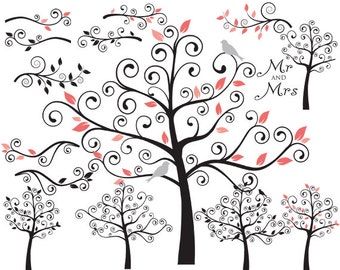 Tree clip art - swirly tree flourish swirls branches whimsical cute birds leaves summer fall winter birdies coral black silhouette