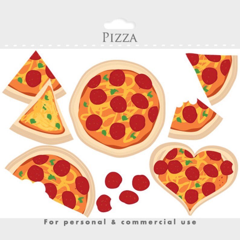 May include: A set of printable pizza images, including a whole pizza, slices, and individual pepperoni pieces. The pizza is red, orange, yellow, and green. The text "PIZZA" is at the top of the image. The text "For personal & commercial use" is at the bottom of the image.