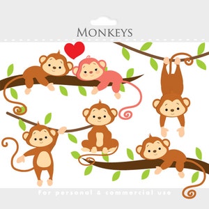 May include: Five cartoon monkeys in various poses on tree branches. The monkeys are brown, pink, and have white faces. The text "MONKEYS" is at the top of the image.