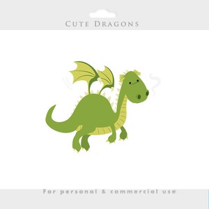 May include: A green cartoon dragon with yellow wings and a puff of smoke coming from its nose. The dragon is flying in the air with its wings spread out.  "Cute Dragons" is written at the top of the image.  "For personal & commercial use" is written at the bottom of the image.