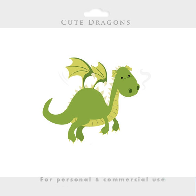 May include: A green cartoon dragon with yellow wings and a puff of smoke coming from its nose. The dragon is flying in the air with its wings spread out.  "Cute Dragons" is written at the top of the image.  "For personal & commercial use" is written at the bottom of the image.