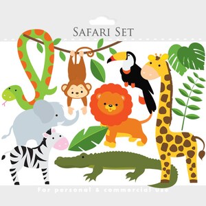 May include: A set of colorful safari animal illustrations, including a monkey, lion, giraffe, elephant, zebra, snake, toucan, and alligator. The illustrations are in a cartoon style and are perfect for use in children's books, crafts, or party decorations. The text "SAFARI SET" is at the top of the image.
