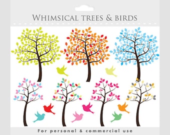 Tree clipart - tree clip art whimsical, cute, sweet, birds, bird, leaves, green, orange, summer, fall, winter, birdies
