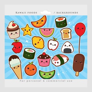 Cute food clipart kawaii clip art, Japanese cute, sushi, fruit, cupcake, onigiri, starburst backgrounds, for personal and commercial use image 1