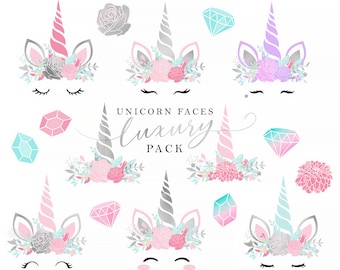 Unicorn heads clipart - rainbow unicorn clip art, silver unicorn horns, baby shower clip art, floral gemstones, nursery clipart