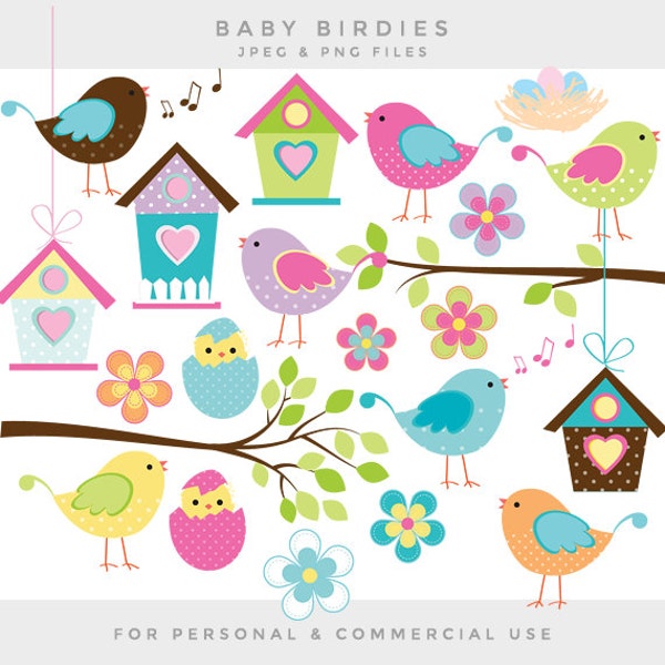 Bird clipart - little birds clip art baby birds whimsical cute birdies birdhouse eggs sweet birdy commercial use scrapbooking digital