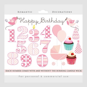 Clipart de festa de aniversário, clipart de aniversário, números, balões, rosa, menina, berçário, doce, pássaros, chapéus de festa, carrinho de bebê, feliz aniversário