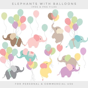 Nursery clipart baby elephant clip art balloon elephants with balloons sweet whimsical pastels baby animal clipart personal commercial use image 1