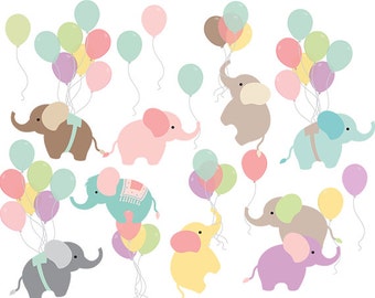 Nursery clipart - baby elephant clip art balloon elephants with balloons sweet whimsical pastels baby animal clipart personal commercial use