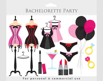 Bachelorette party clipart - clip art bachelorettes, sexy, corsets, fashion, make-up, makeup, balloons, ring, lipstick, dress form, lingerie