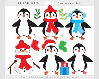 Penguin clipart - Christmas clip art, penguins, snowman, snowmen clipart, snow flake, winter clipart, holiday clipart, commercial use