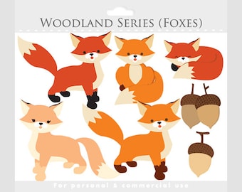 Fox clipart - whimsical foxes clip art, cute, woodland, critter, creatures, forest animals, acorns, orange, red, for commercial use