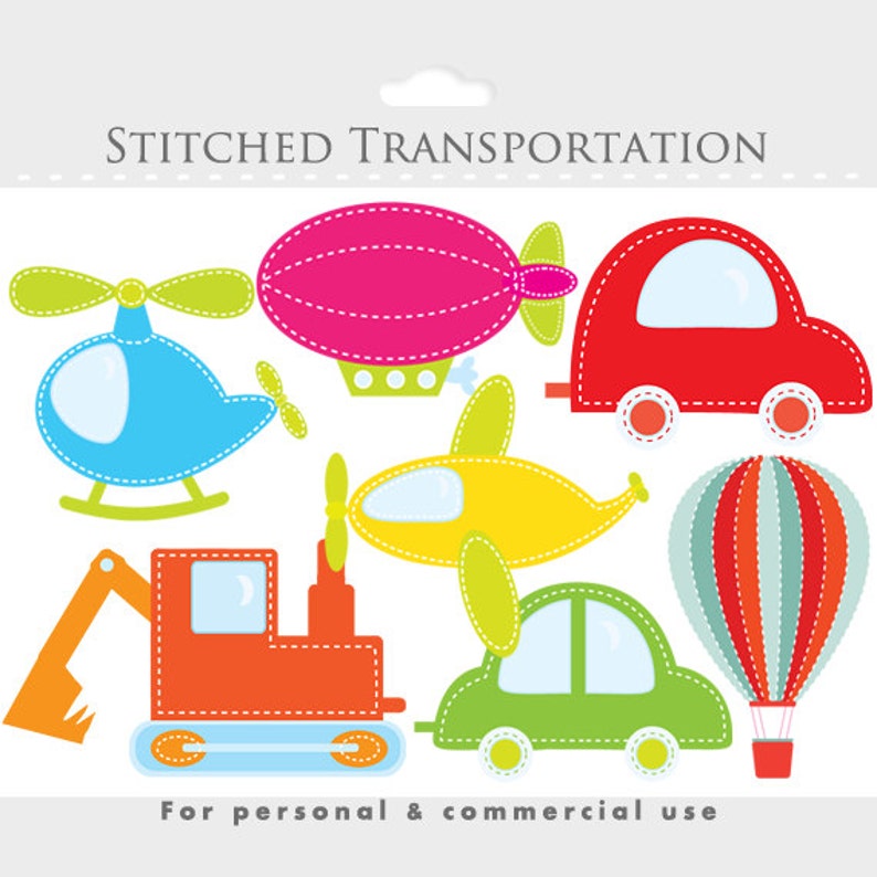 Transport Clipart, genäht farbige Stoffautos, Heißluftballon, Hubschrauber, LKW, Flugzeug, Blimp für den persönlichen und kommerziellen Gebrauch Bild 2